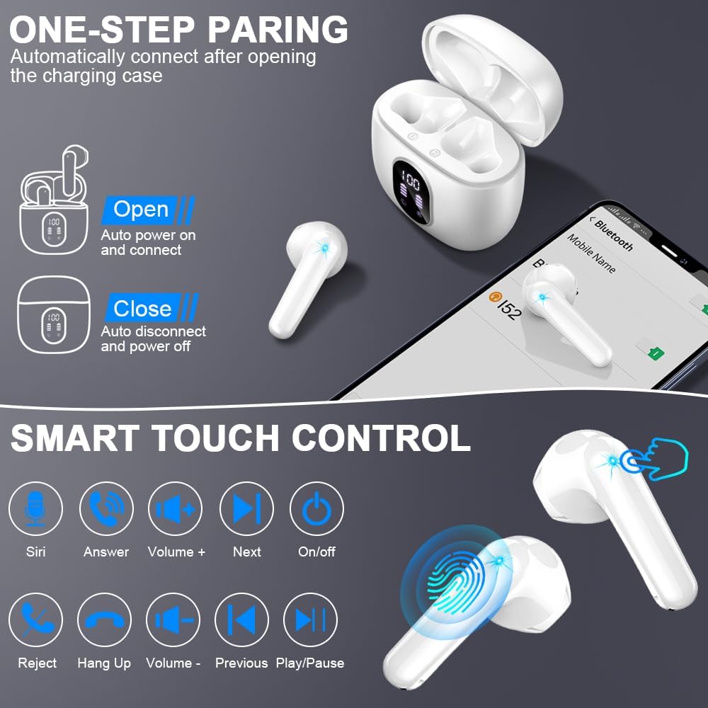 Wireless Earbud Bluetooth 5.3 Headphones 50H Playtime Stereo Bass Ear Buds, in-Ear Earphones with 4 ENC Mic LED Display Noise Cancelling Earbud, Bluetooth Ear Bud IP7 Waterproof Sport for Android iOS