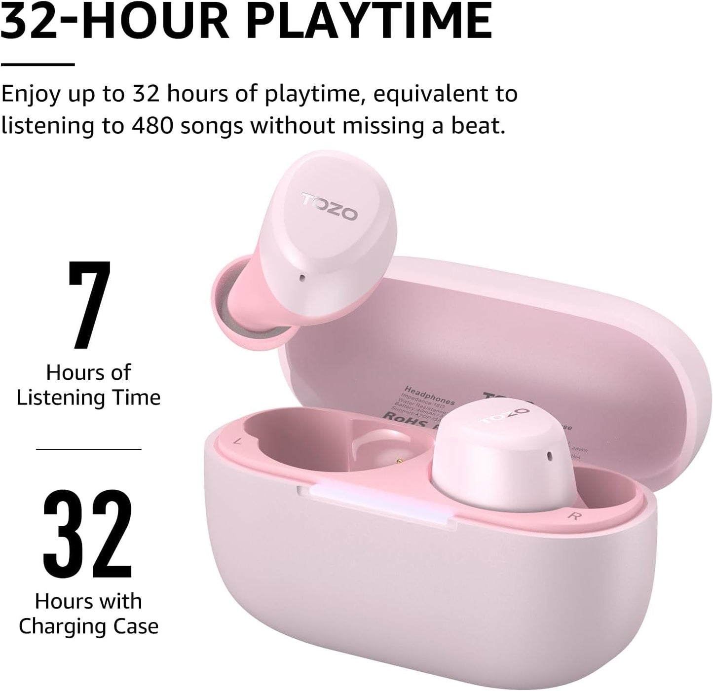 TOZO A1 Wireless Earbuds, Bluetooth 5.3 Earphones, Support APP EQ Setting, 30H Long Playtime, Ear Buds with HiFi Stereo Sound, Light-Weight Wireless Earphones, IPX5 Waterproof Pink