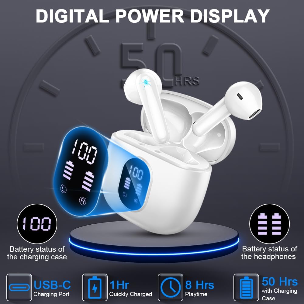 Wireless Earbud Bluetooth 5.3 Headphones 50H Playtime Stereo Bass Ear Buds, in-Ear Earphones with 4 ENC Mic LED Display Noise Cancelling Earbud, Bluetooth Ear Bud IP7 Waterproof Sport for Android iOS