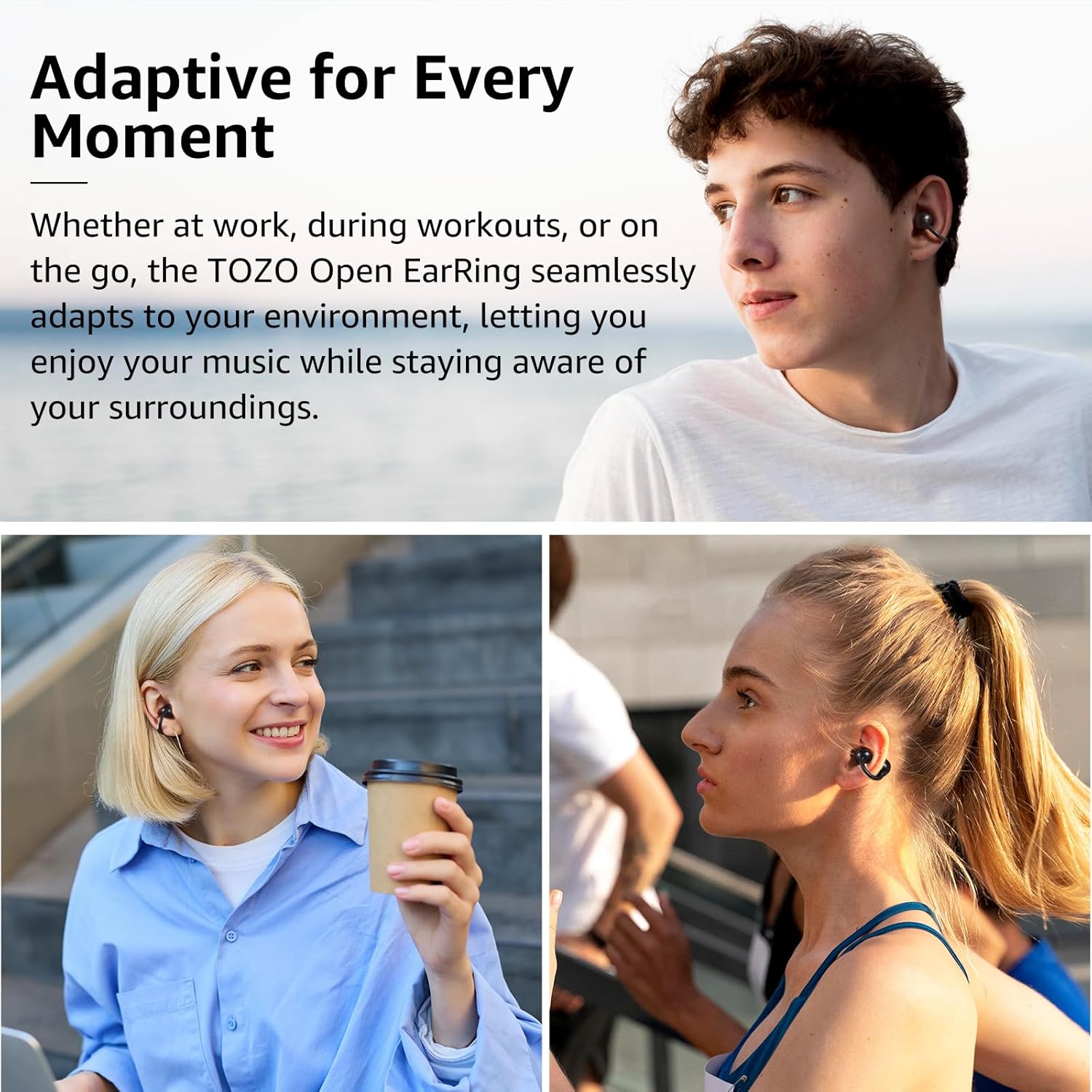 TOZO OpenEarRing Open Ear Headphones, Clip On Earphones, Lightweight Comfort, Wireless Open Ear Earbuds with Smart Digital Display, 40H Playtime, IPX5 Waterproof, Bluetooth 5.4, Custom EQ via App