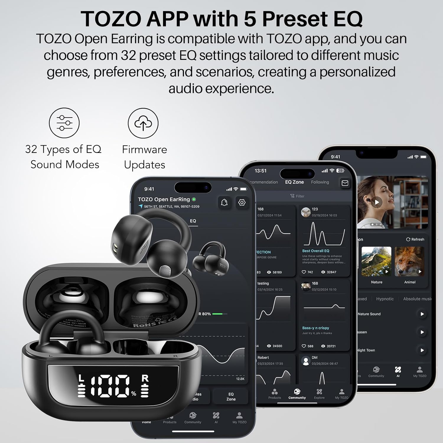 TOZO OpenEarRing Open Ear Headphones, Clip On Earphones, Lightweight Comfort, Wireless Open Ear Earbuds with Smart Digital Display, 40H Playtime, IPX5 Waterproof, Bluetooth 5.4, Custom EQ via App