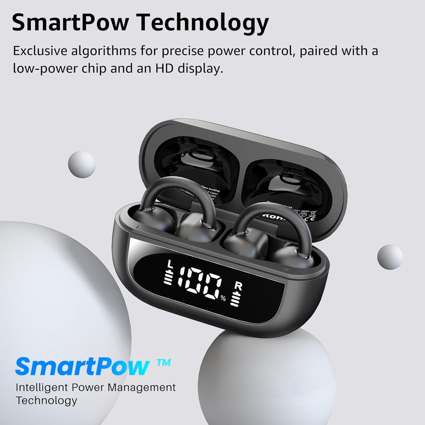 TOZO OpenEarRing Open Ear Headphones, Clip On Earphones, Lightweight Comfort, Wireless Open Ear Earbuds with Smart Digital Display, 40H Playtime, IPX5 Waterproof, Bluetooth 5.4, Custom EQ via App