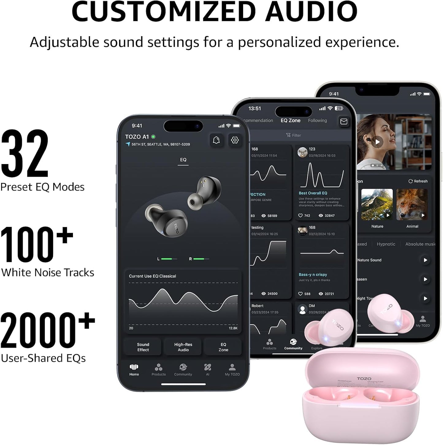 TOZO A1 Wireless Earbuds, Bluetooth 5.3 Earphones, Support APP EQ Setting, 30H Long Playtime, Ear Buds with HiFi Stereo Sound, Light-Weight Wireless Earphones, IPX5 Waterproof Pink