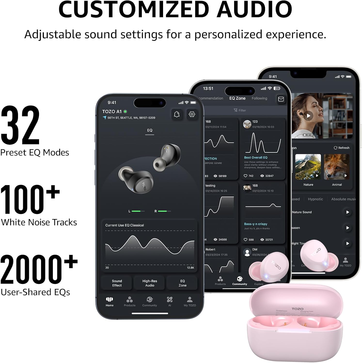 TOZO A1 Wireless Earbuds, Bluetooth 5.3 Earphones, Support APP EQ Setting, 30H Long Playtime, Ear Buds with HiFi Stereo Sound, Light-Weight Wireless Earphones, IPX5 Waterproof Pink